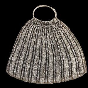 Vintage French Victorian black/silver glass bead bag embossed sterling handles